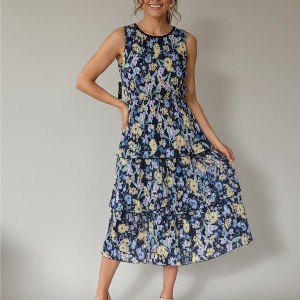 SLNY Blue Floral Tiered Midi Dress